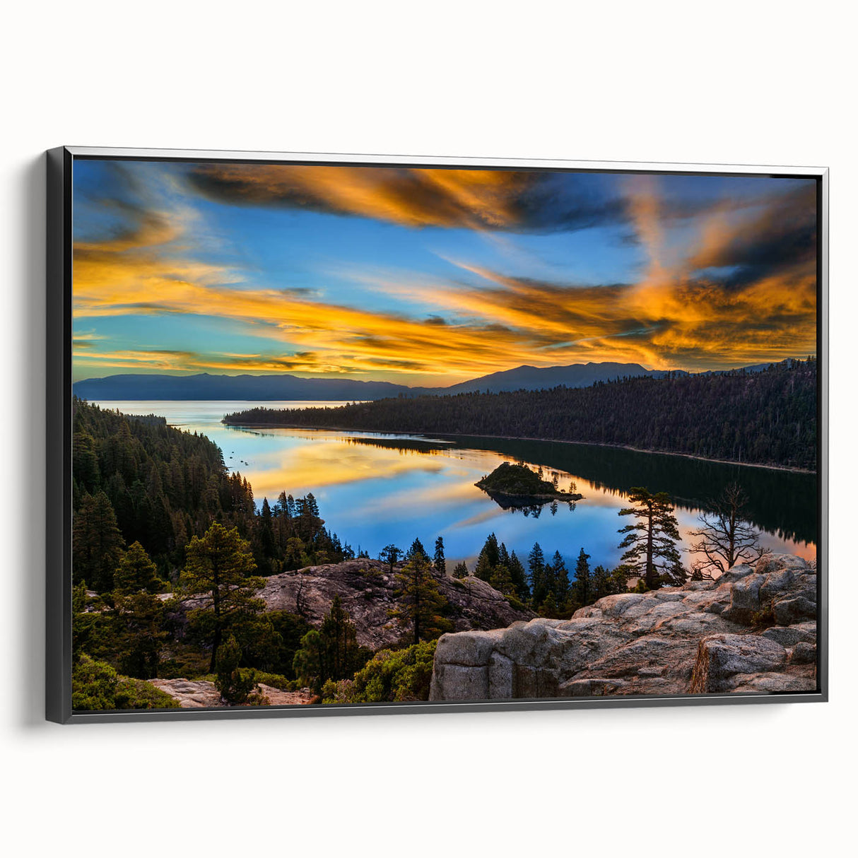 Black and white framed canvas of Lake Tahoe landscape, ideal for bedroom wall decor.