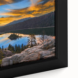 Extra large black wall art featuring a textured depiction of Lake Tahoe on a framed canvas, using a colorful palette.