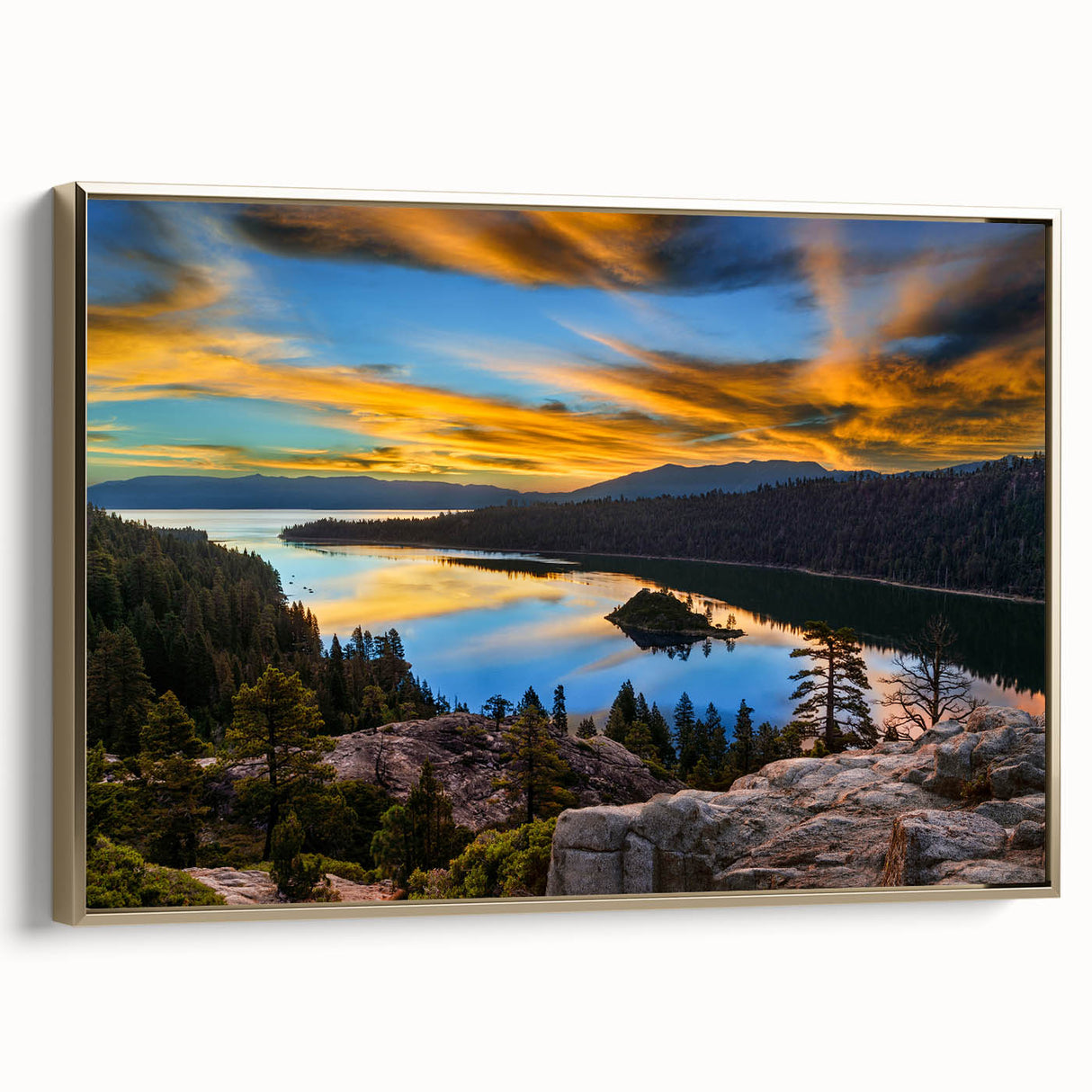 Framed canvas wall art depicting Lake Tahoe landscape in muted blue and green tones, ideal for bedroom decor.