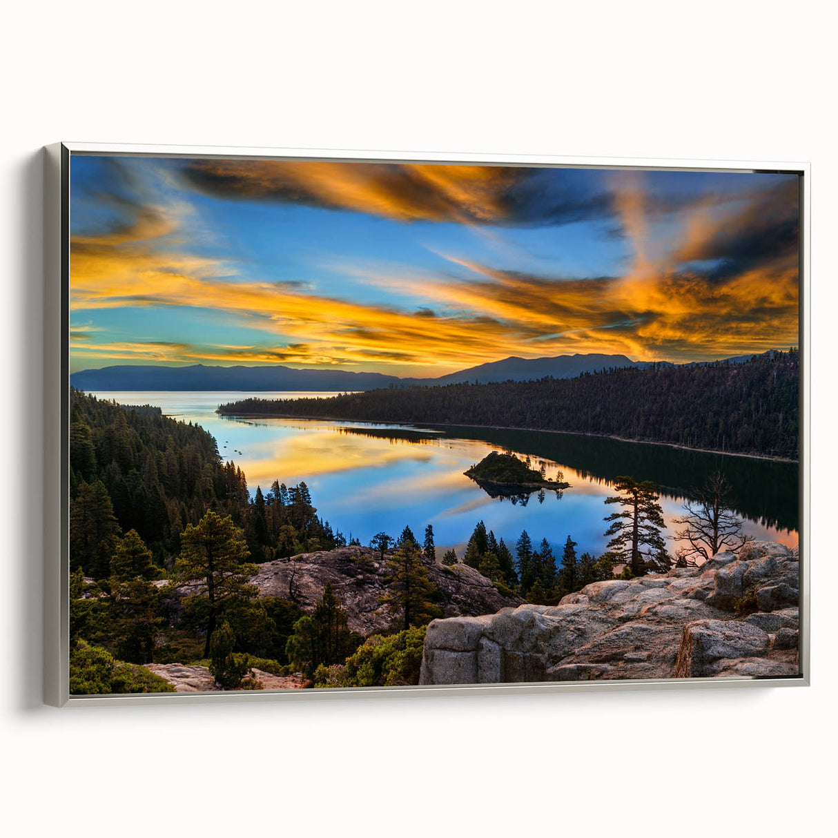 Landscape art painting of Lake Tahoe with a vintage poster style on a framed canvas.