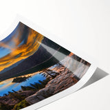 Extra large wall art featuring line art flowers over a Lake Tahoe scenery in soft blue and green tones.