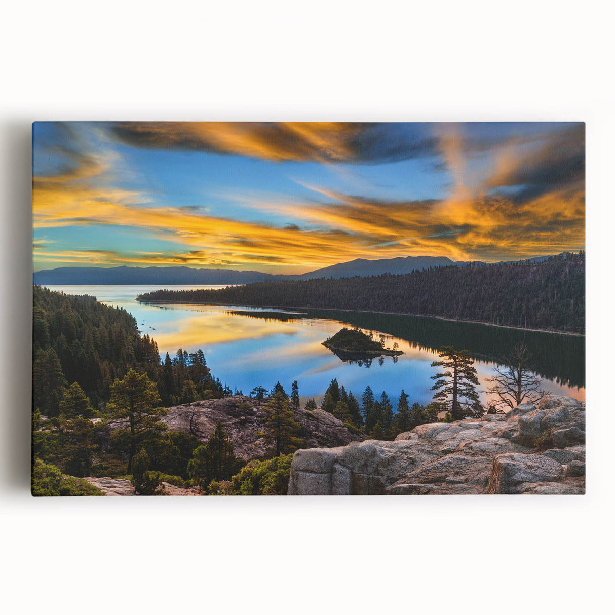 Black and white photograph of Lake Tahoe on stretched canvas, suitable as large kitchen wall art.
