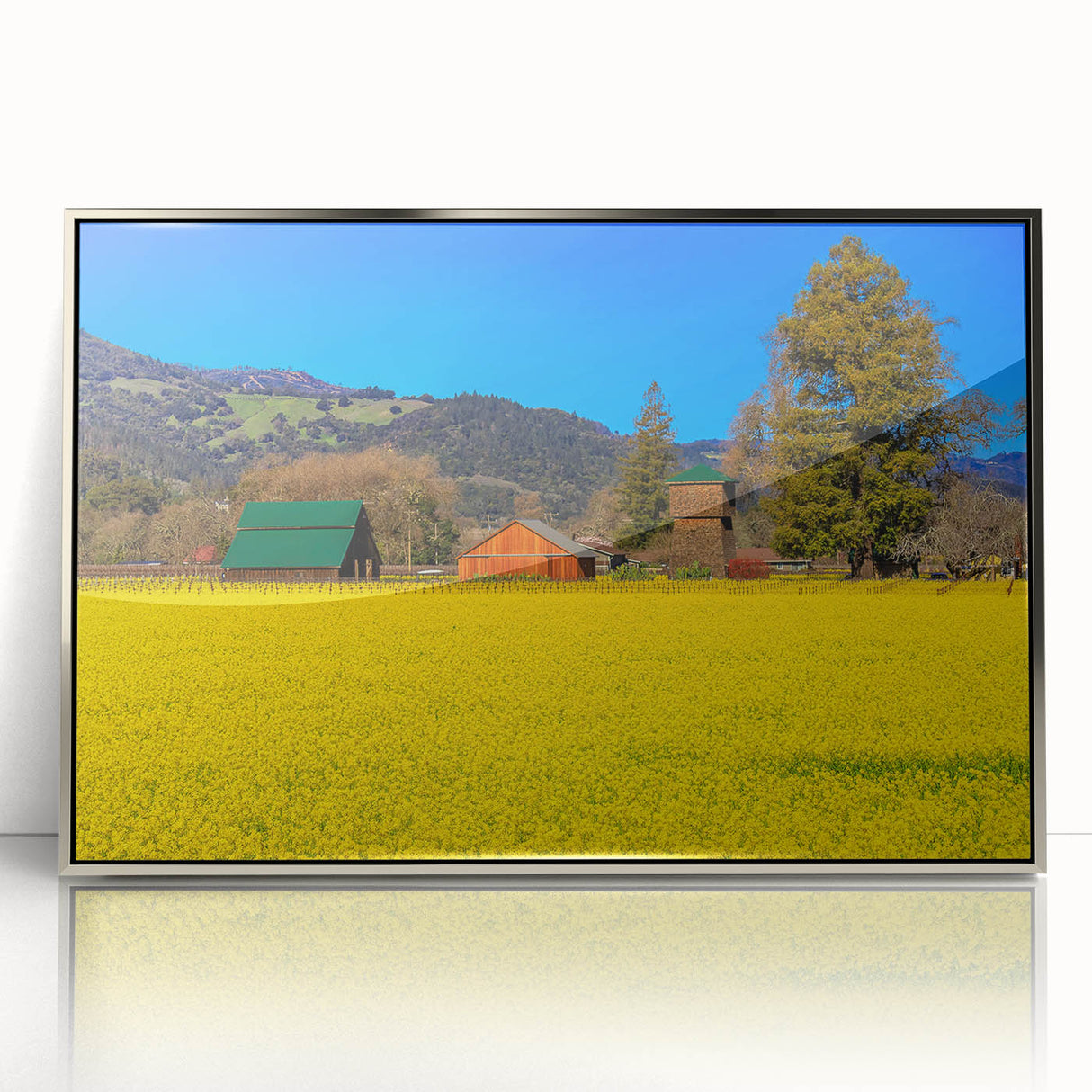Mid-century modernist art of California's Napa Valley in muted earth tones on a framed acrylic print.