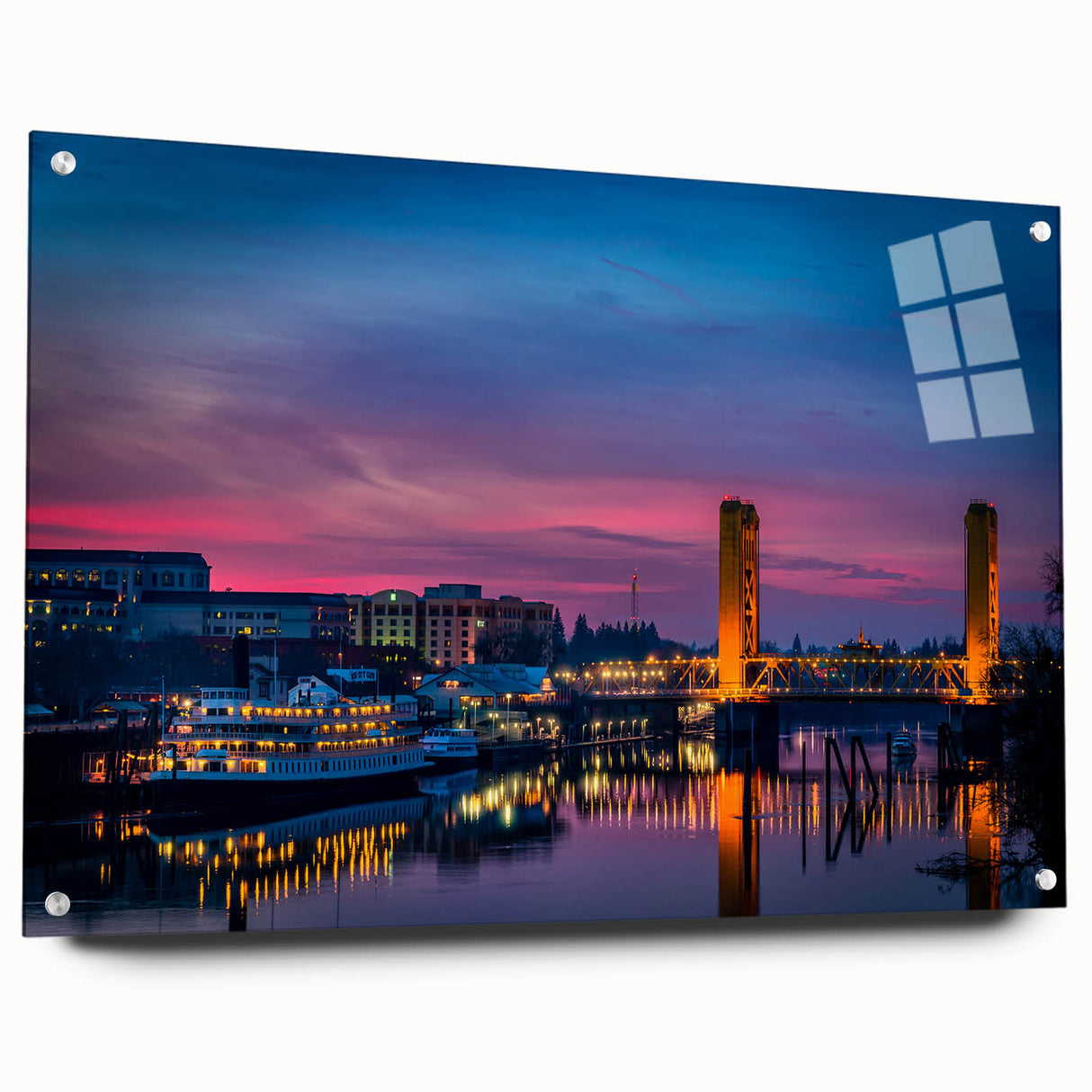 Large abstract wall art depicting the Sacramento skyline in muted earth tones on acrylic glass.