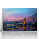 Art deco poster of Sacramento scenery in pastel shades on a white acrylic frame, ideal for modern nursery wall art.