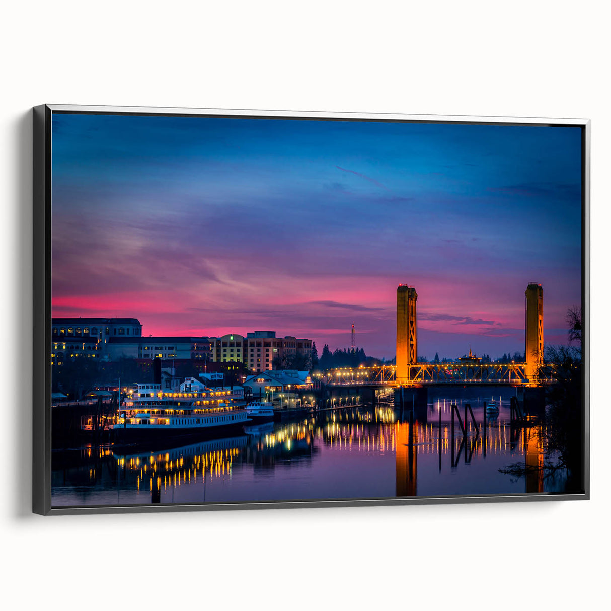 Framed canvas of a black and white vintage poster featuring the Sacramento landscape, ideal for bedroom decor.