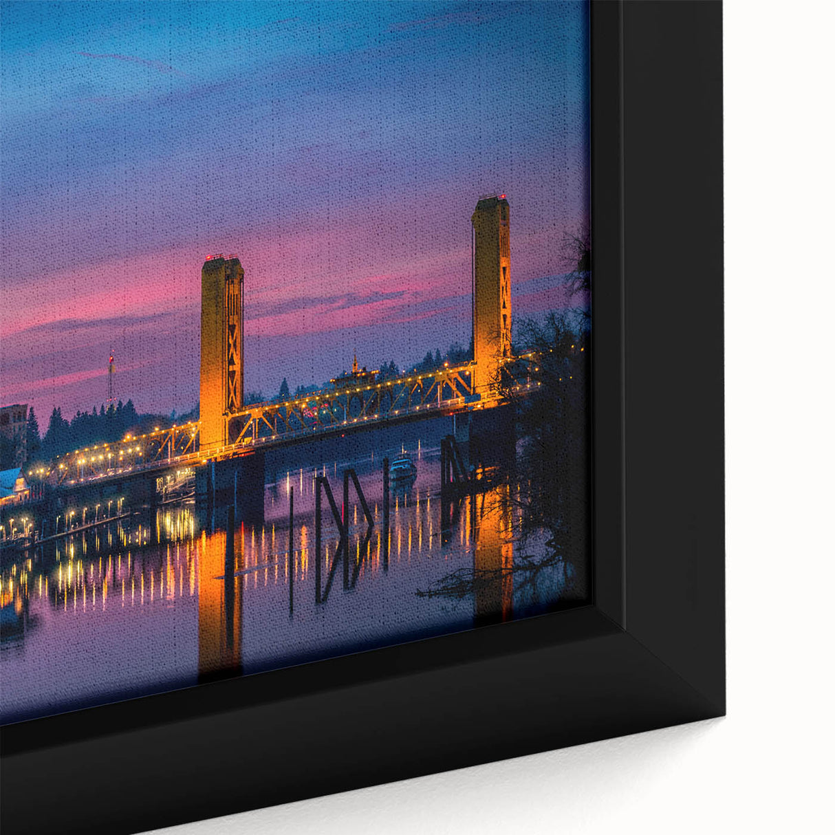 Framed canvas featuring a textured depiction of the Sacramento skyline in black with colorful accents.