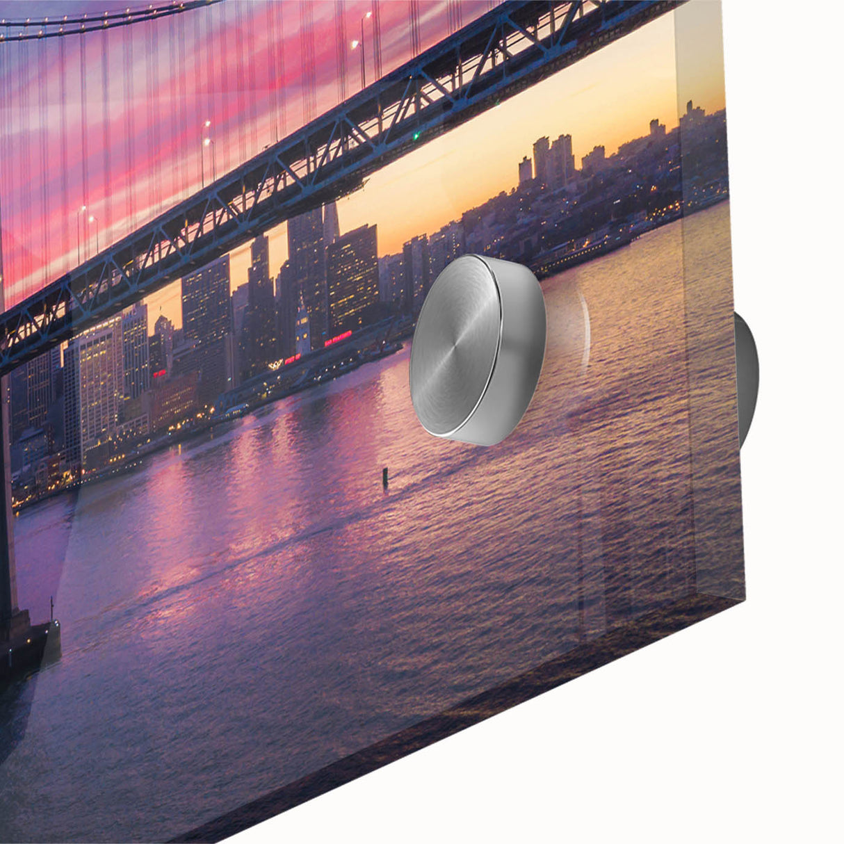 Large abstract wall art of San Francisco in muted blue tones on acrylic glass, suitable for dining room ambiance.