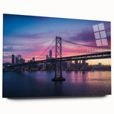 Large abstract depiction of the San Francisco skyline in muted blue tones on acrylic glass.