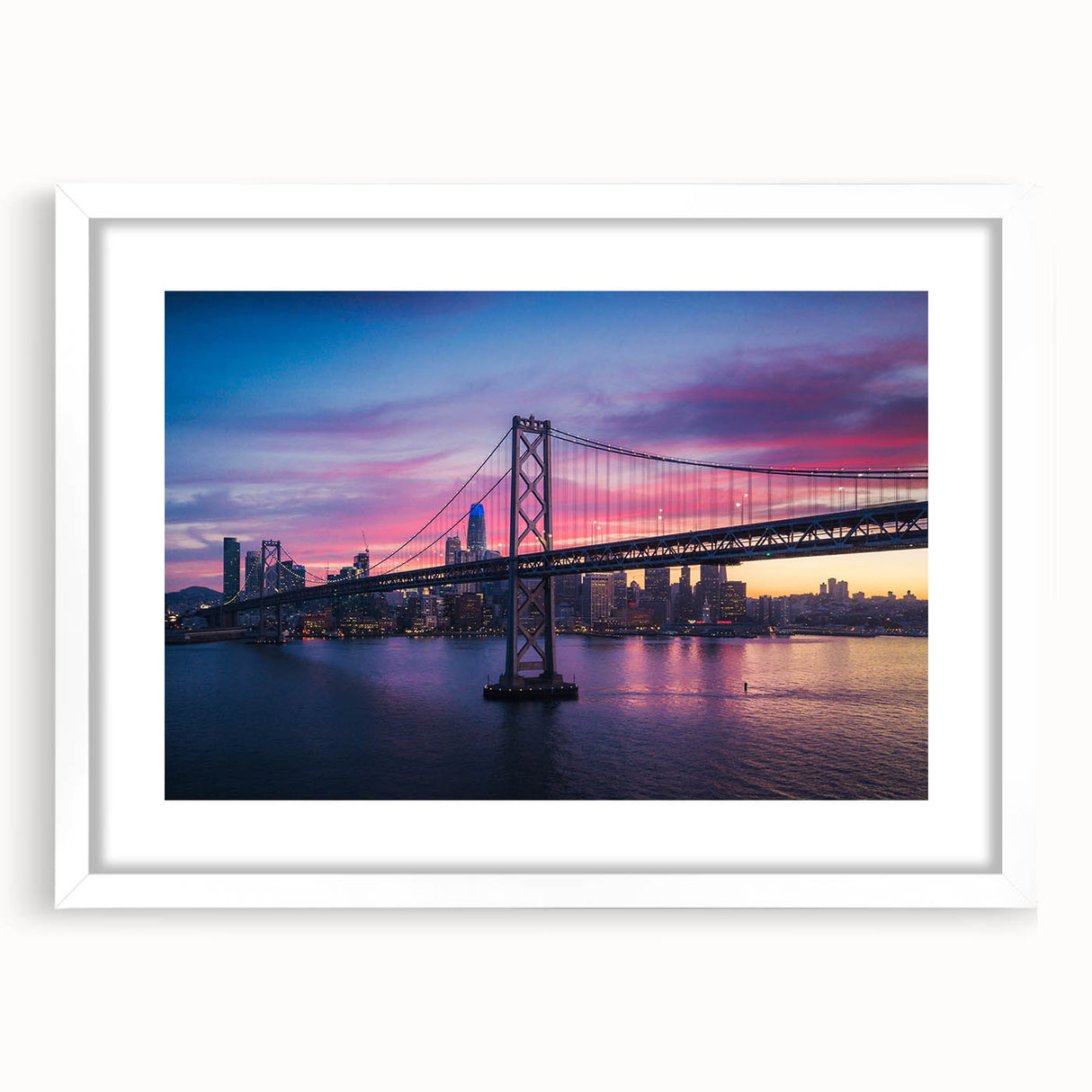 Abstract art print of San Francisco skyline in muted gray and blue tones on a framed white mat, ideal for dining room decor.