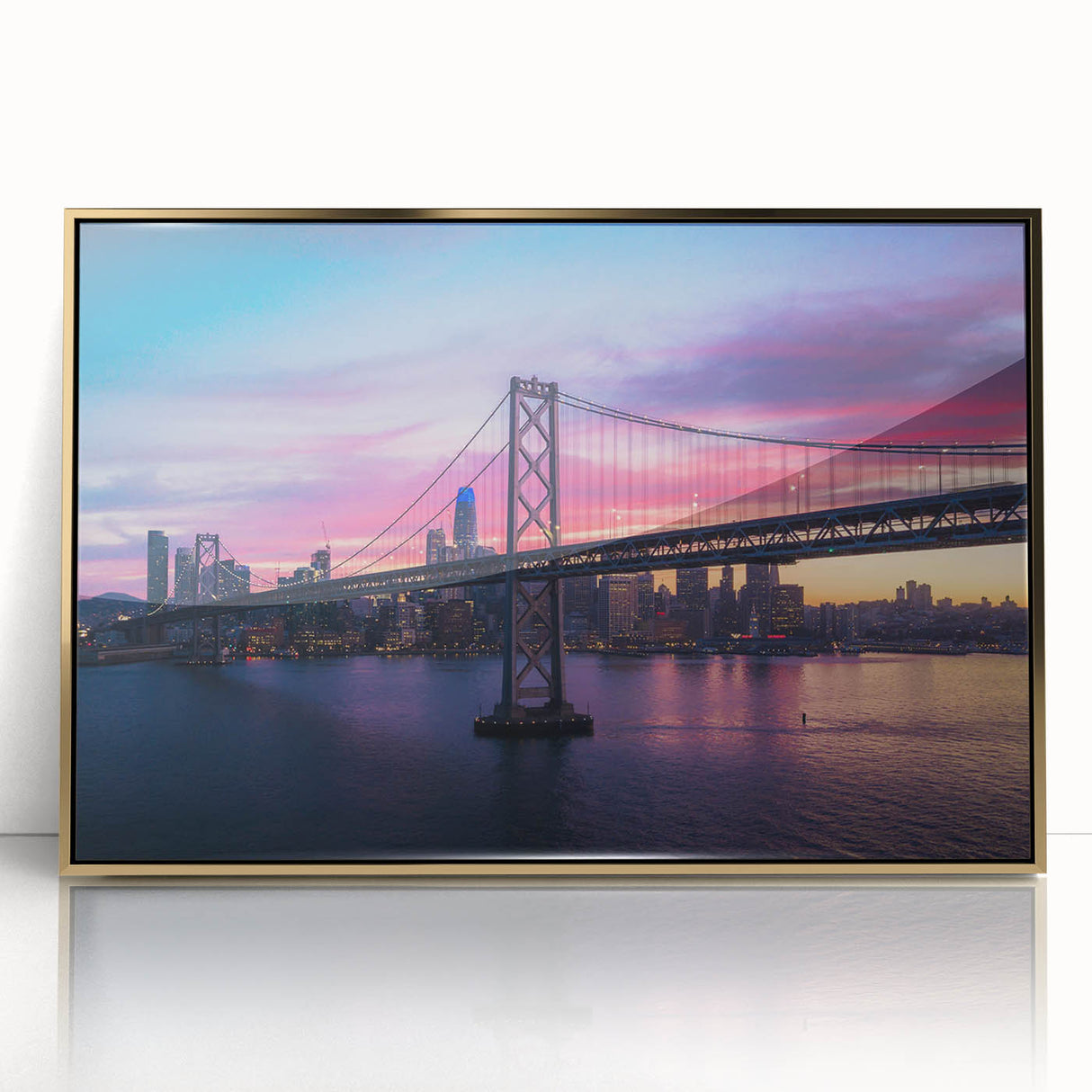 Acrylic print of San Francisco skyline in gold and blue tones, framed, mid-century modernist style.
