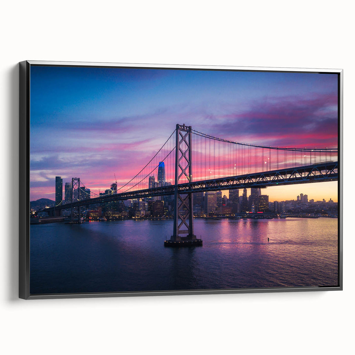 Black and white wall art of San Francisco landscape on framed canvas, suited for bedroom decor.