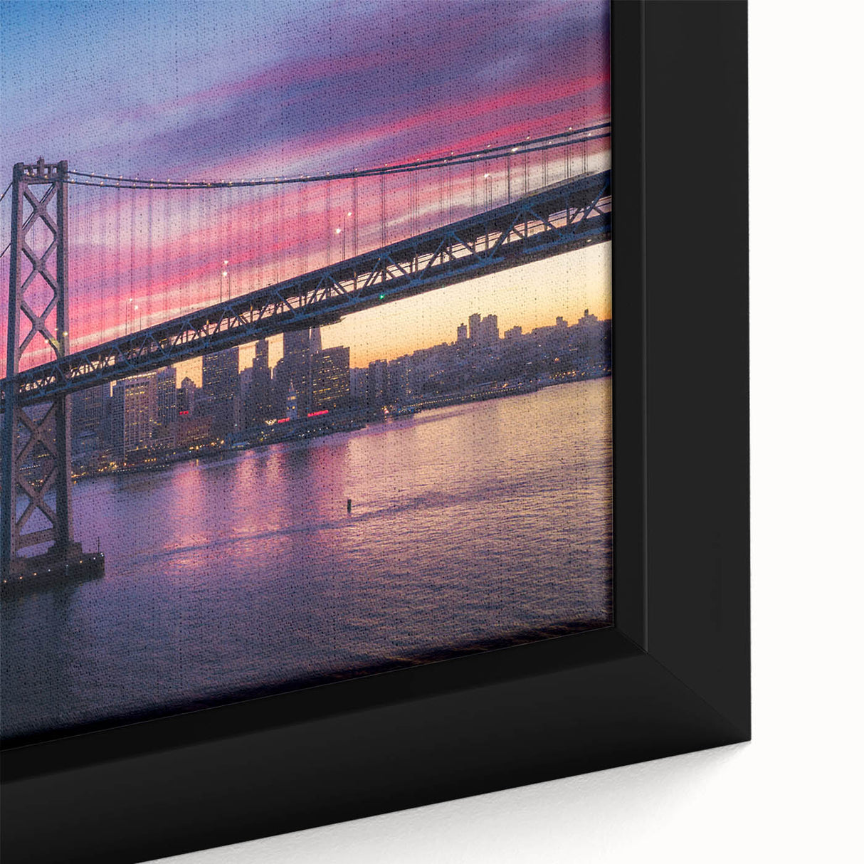Extra large framed canvas featuring a textured depiction of the San Francisco skyline in black with colorful art accents.