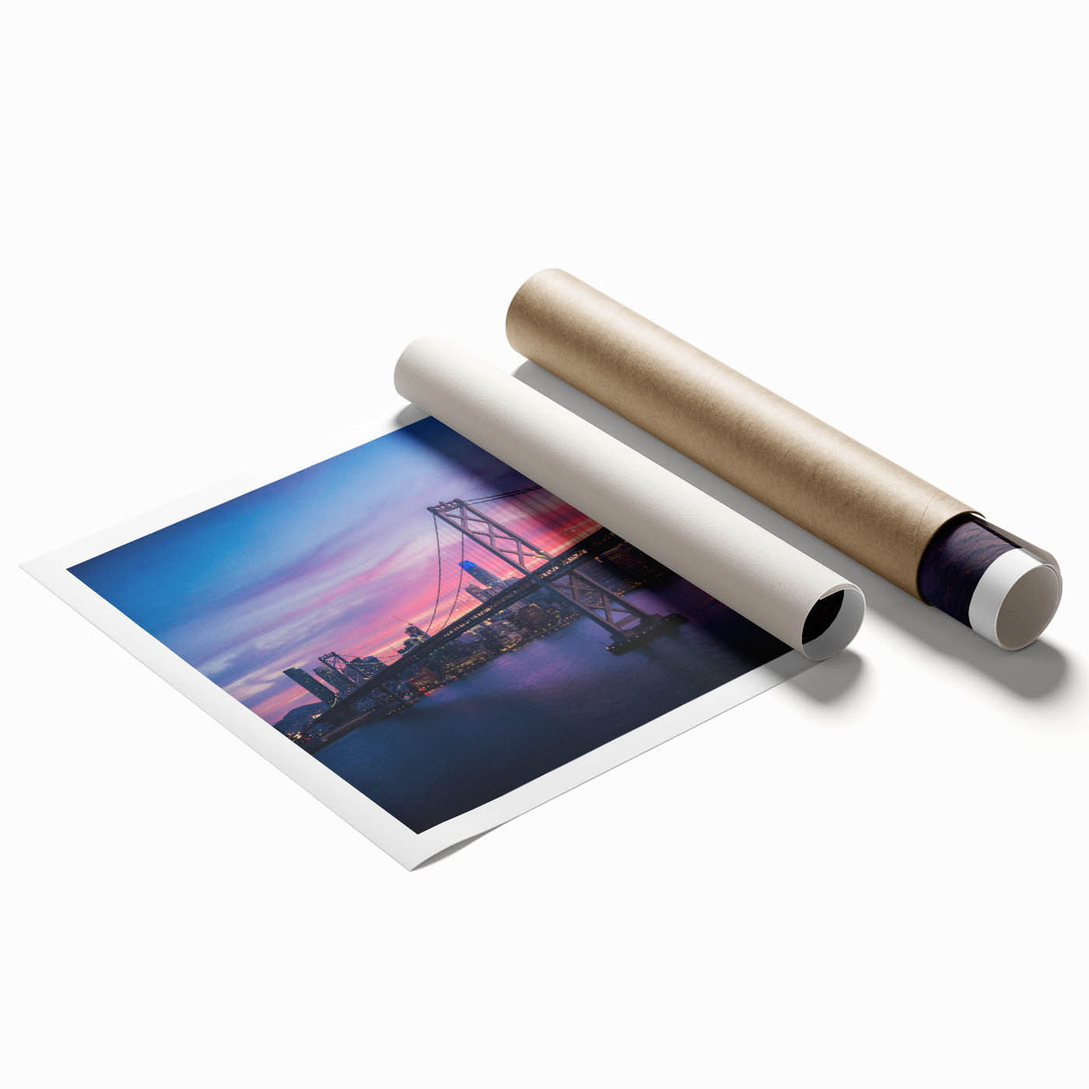 Extra large rolled print of San Francisco scenery with floral designs in soft pastel shades.