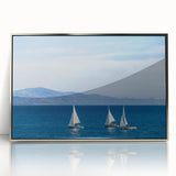 Mid-century modernist art depicting Santa Barbara landscape in muted earth tones on a silver-framed acrylic print.
