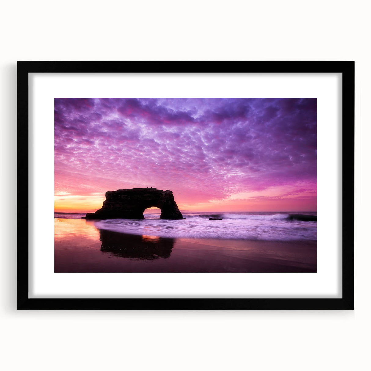Extra large abstract art print depicting a vibrant, colorful Santa Cruz scene on a black framed canvas.