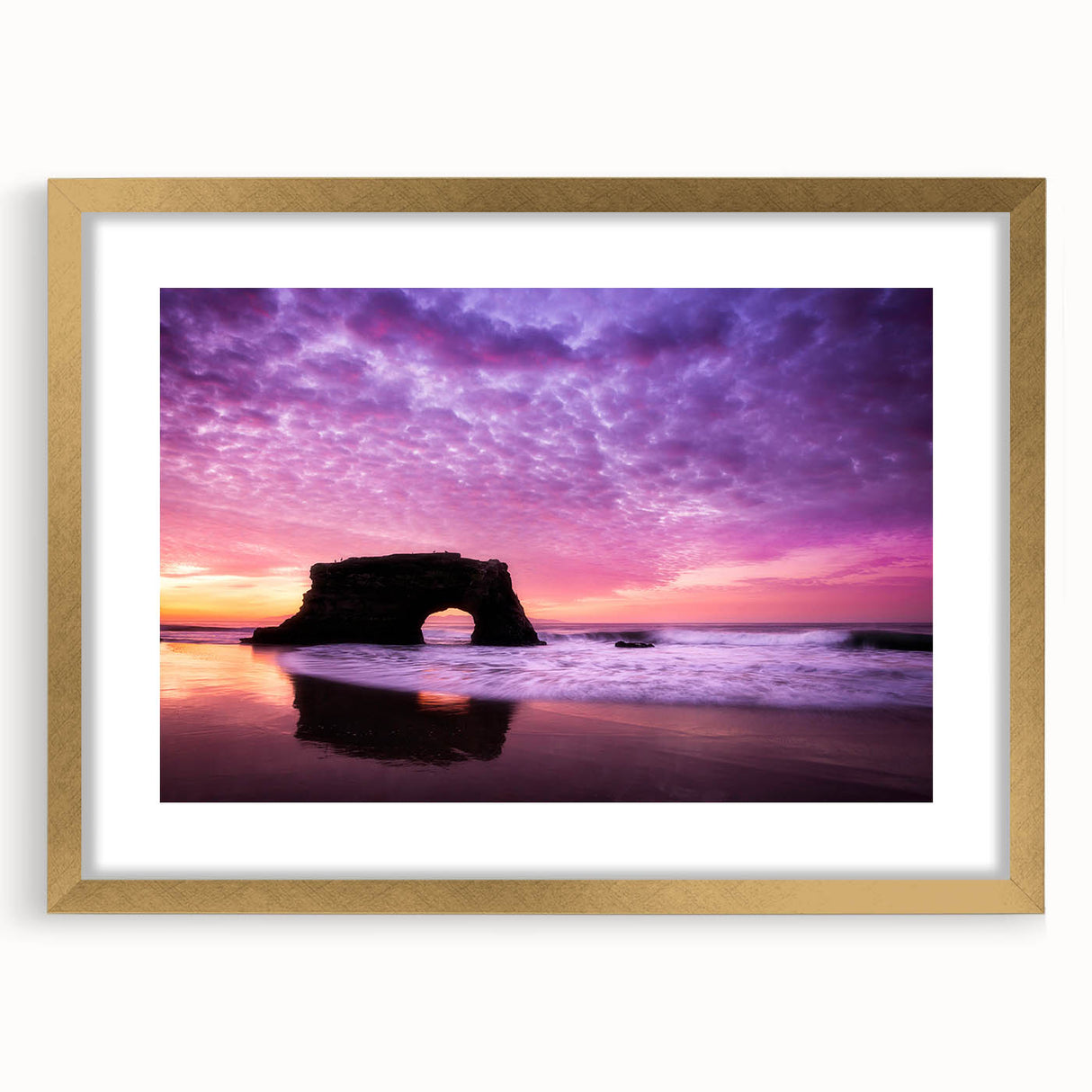 Extra large abstract art print of Santa Cruz scenery with textured design in gold frame, ideal for living room decor.