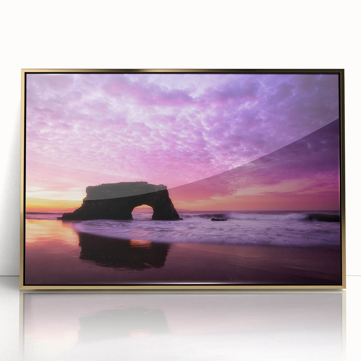 Large art print of Santa Cruz scenery in mid-century modernist style on framed acrylic, featuring golden hues.