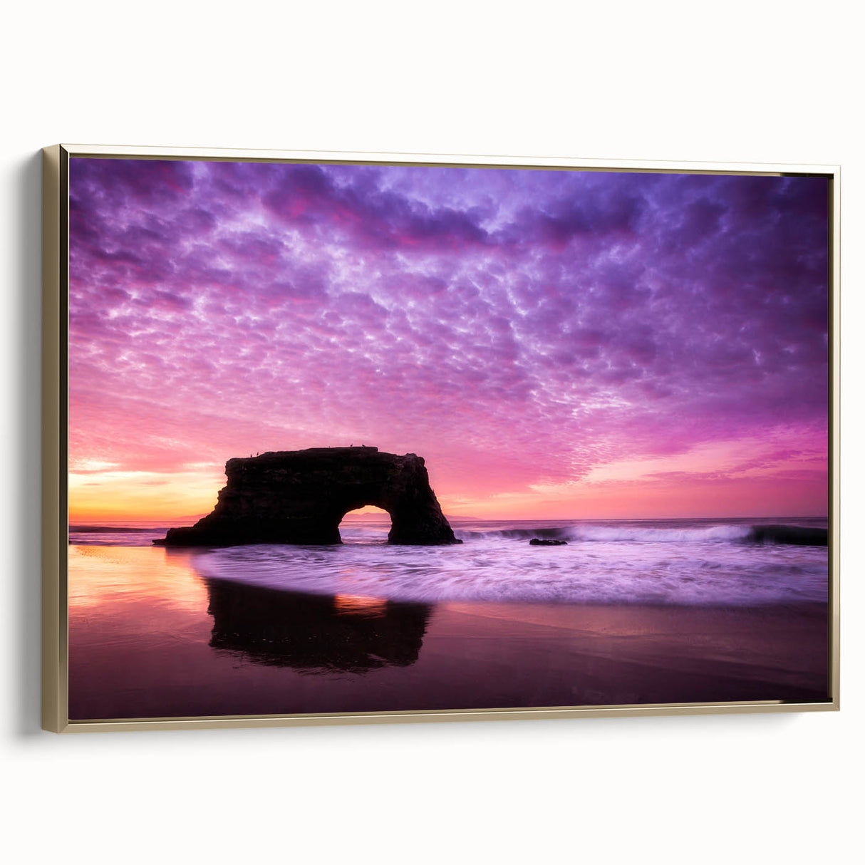 Framed canvas featuring a vintage-style landscape painting of Santa Cruz.