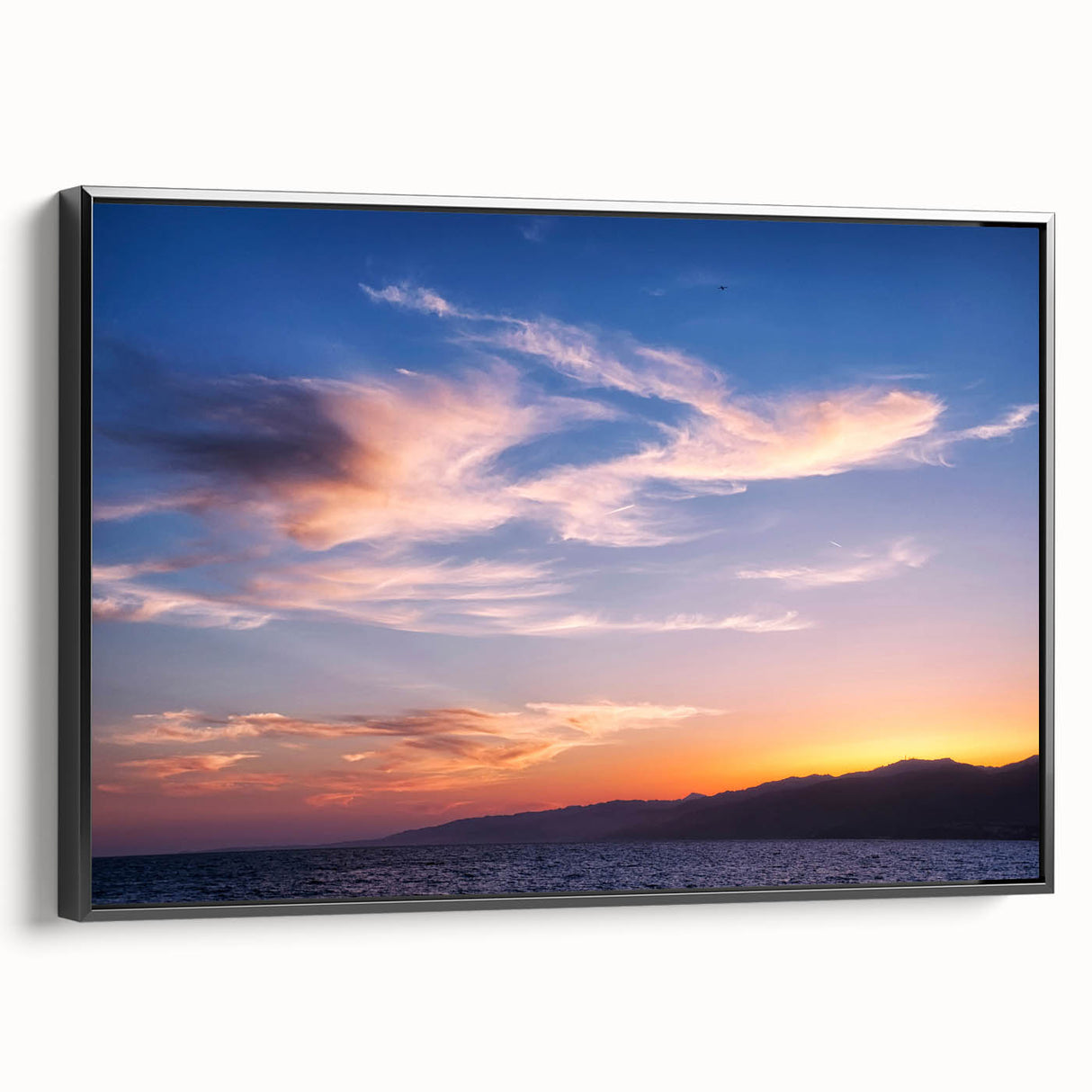 Black and white framed canvas of Santa Monica landscape in a vintage poster style, suitable for bedroom decor.