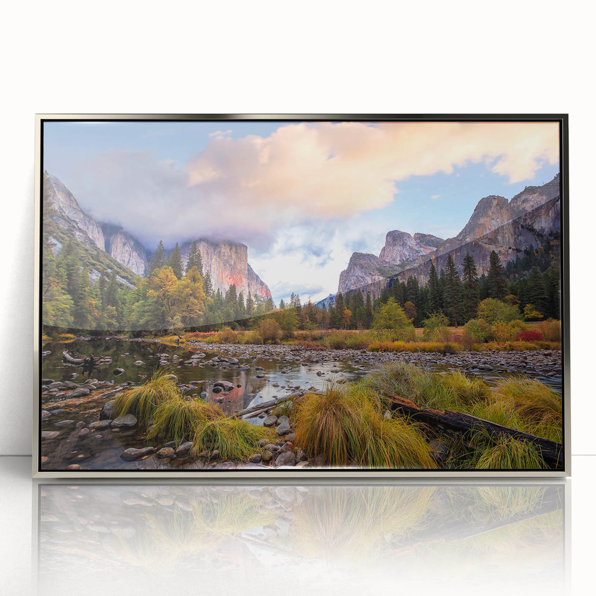 Mid-century modernist art of Yosemite in muted earth tones on a framed acrylic, suitable for modern art wall decor.