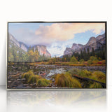 Mid-century modernist art of Yosemite in muted earth tones on a framed acrylic, suitable for modern art wall decor.
