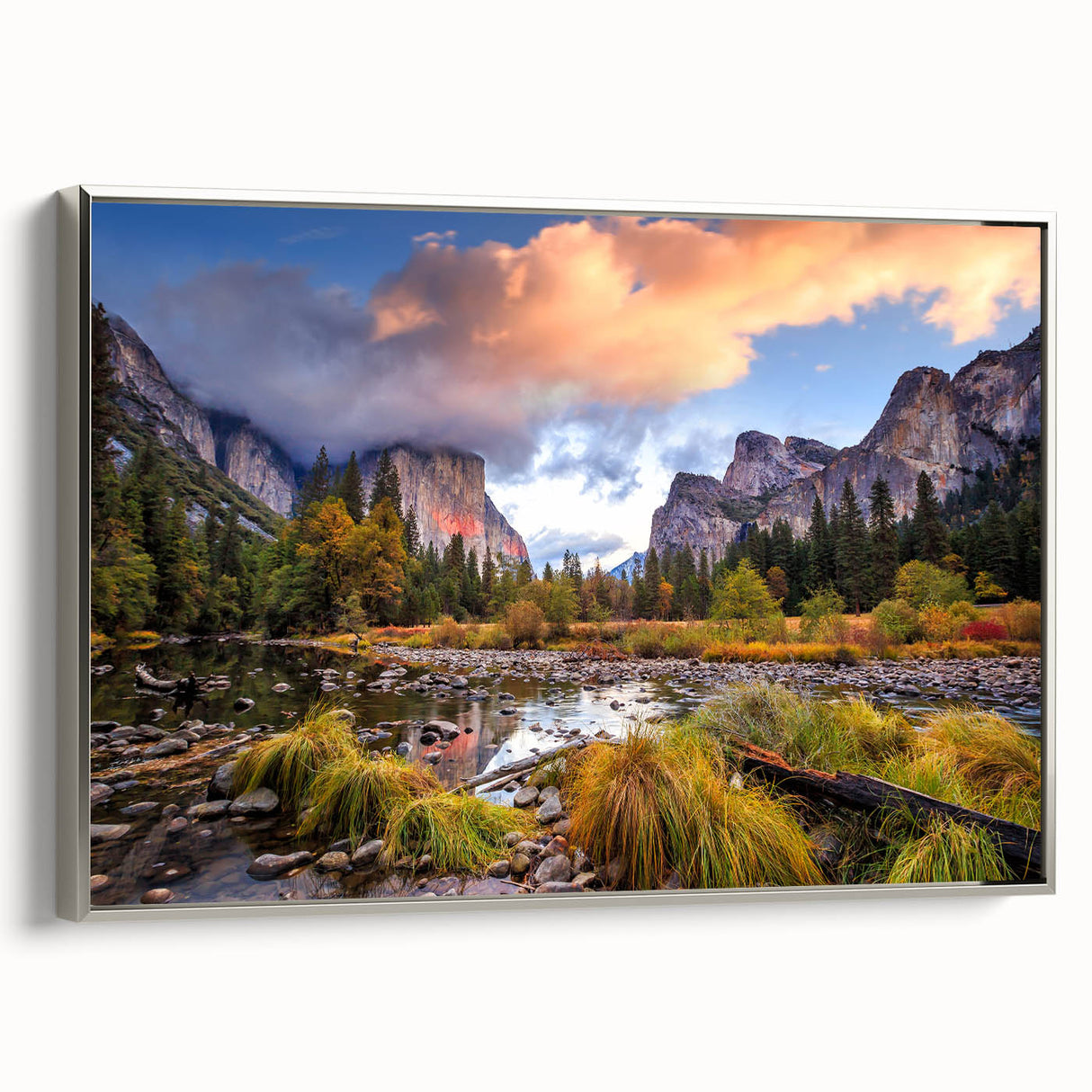 Framed canvas of Yosemite landscape art painting, featuring muted earth tones and silver frame, ideal for living room decor.