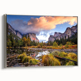 Framed canvas of Yosemite landscape art painting, featuring muted earth tones and silver frame, ideal for living room decor.