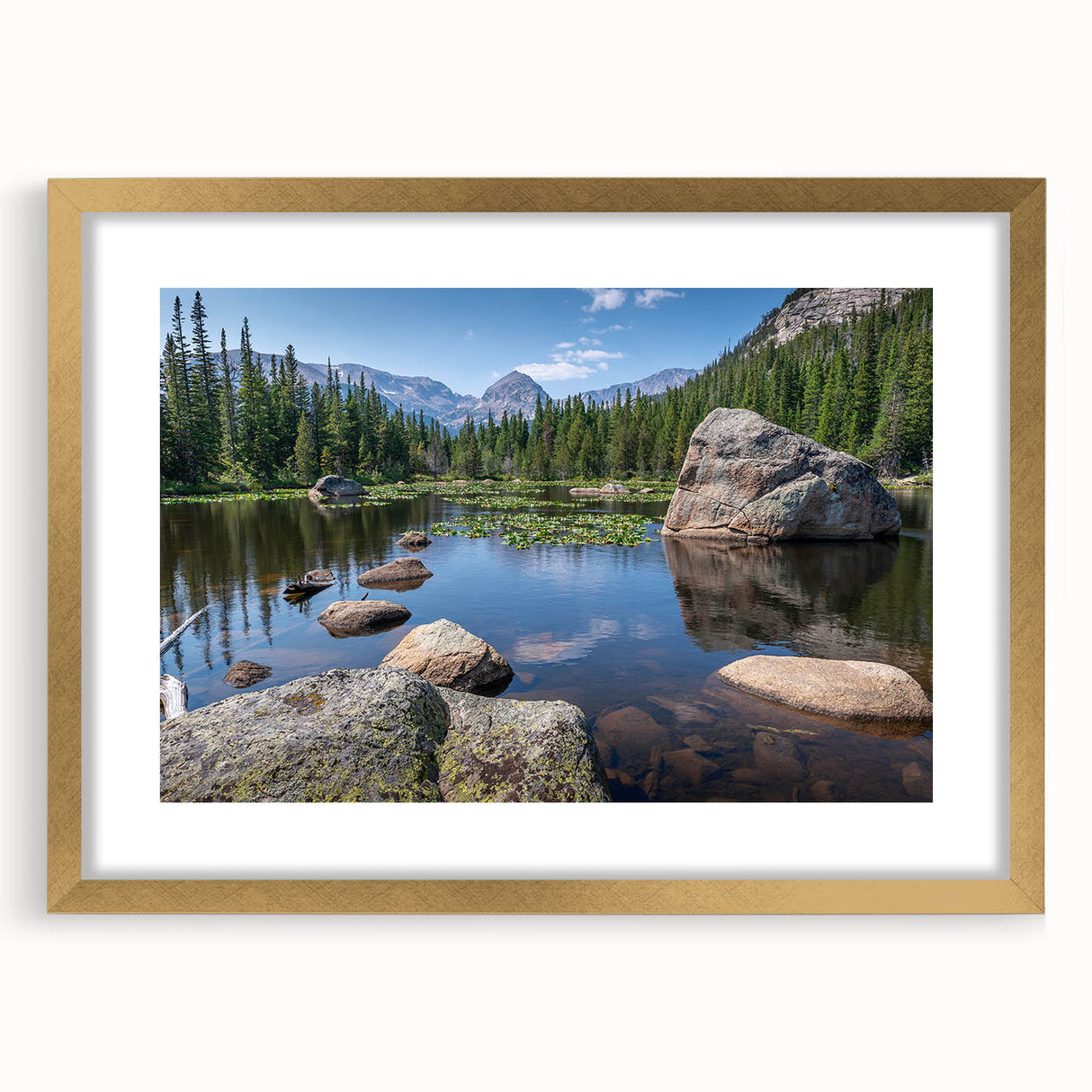 Extra large abstract art print of Boulder, Colorado scenery in textured style with gold frame, suited for living room decor.