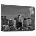 Large abstract depiction of Denver skyline in muted blue and gray tones on acrylic glass.