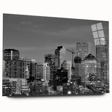 Large abstract depiction of Denver skyline in muted gray and blue on acrylic, ideal for bedroom or dining room art.