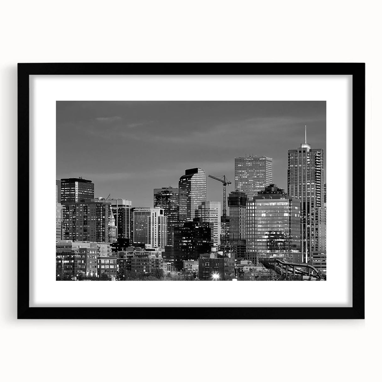 Extra large abstract art print depicting a vibrant, textured representation of the Denver skyline, framed in black.