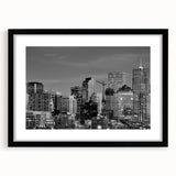 Extra large abstract art print depicting a vibrant, textured representation of the Denver skyline, framed in black.