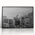 Large abstract wall art featuring a mid-century modernist depiction of the Denver skyline in muted earth tones on a framed…