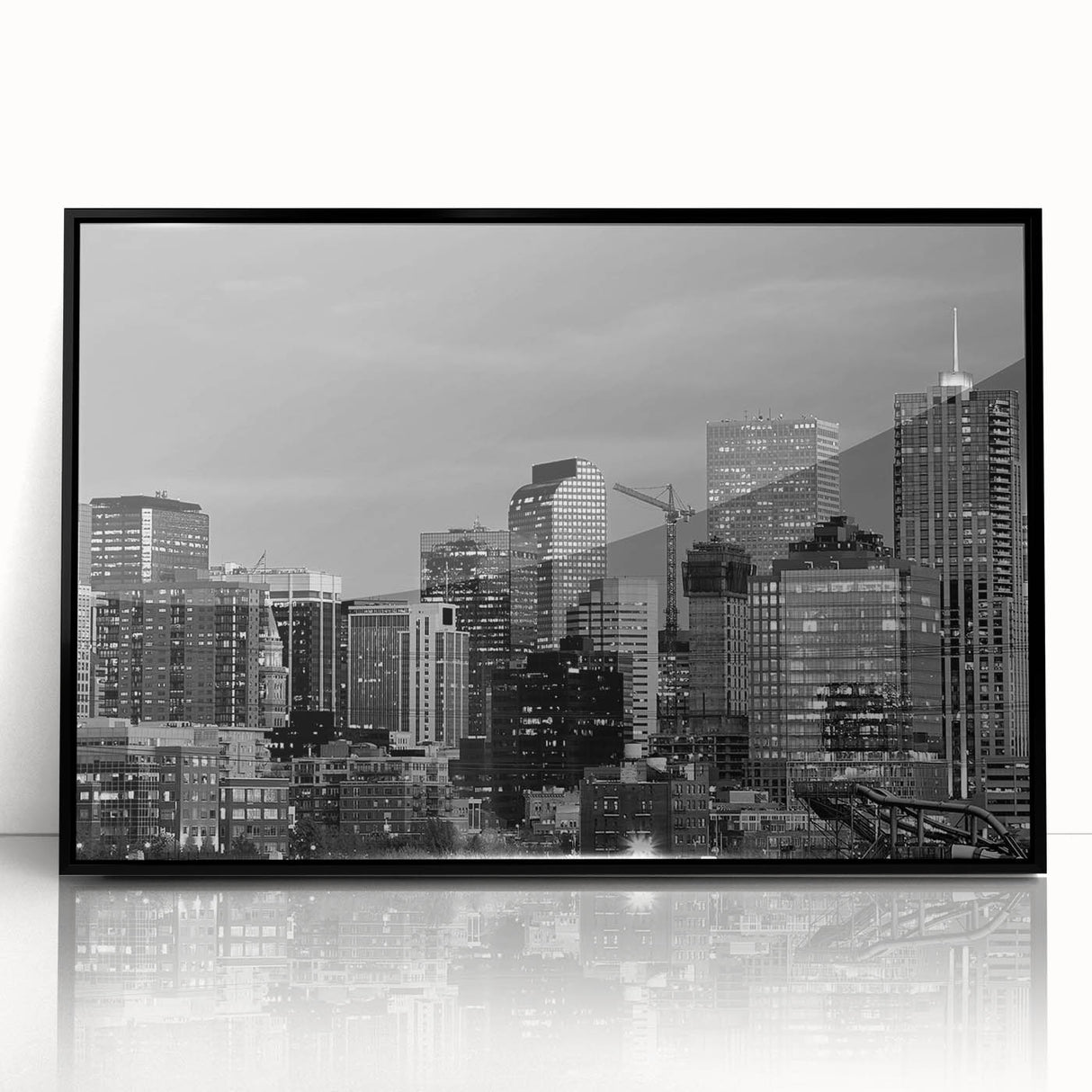 Large abstract wall art featuring a mid-century modernist depiction of the Denver skyline in muted earth tones on a framed…