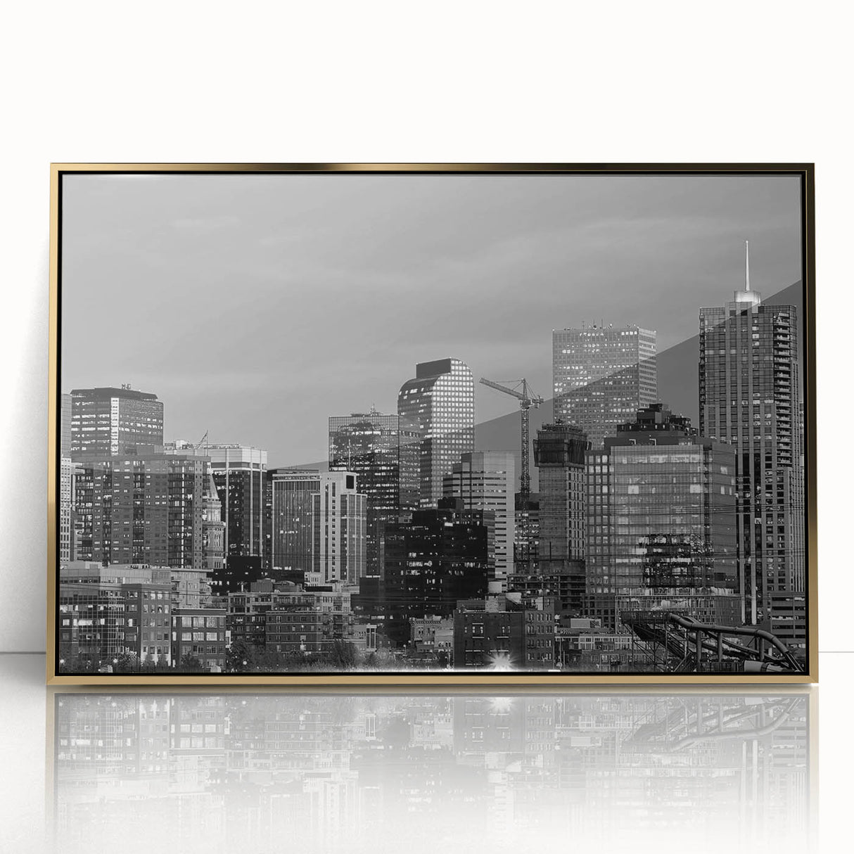 Framed acrylic print of Denver skyline in gold and blue tones, styled in mid-century modernist art.
