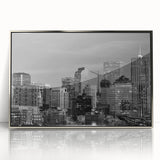 Mid-century modernist Denver skyline in muted blue tones on a silver-framed acrylic, ideal for nursery wall art.