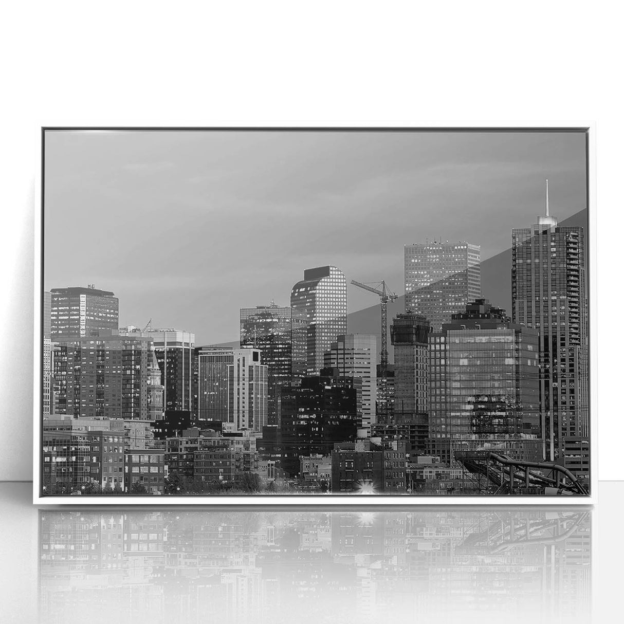 Art deco poster of Denver skyline in muted gray and blue tones on framed acrylic, ideal for modern art wall decor.