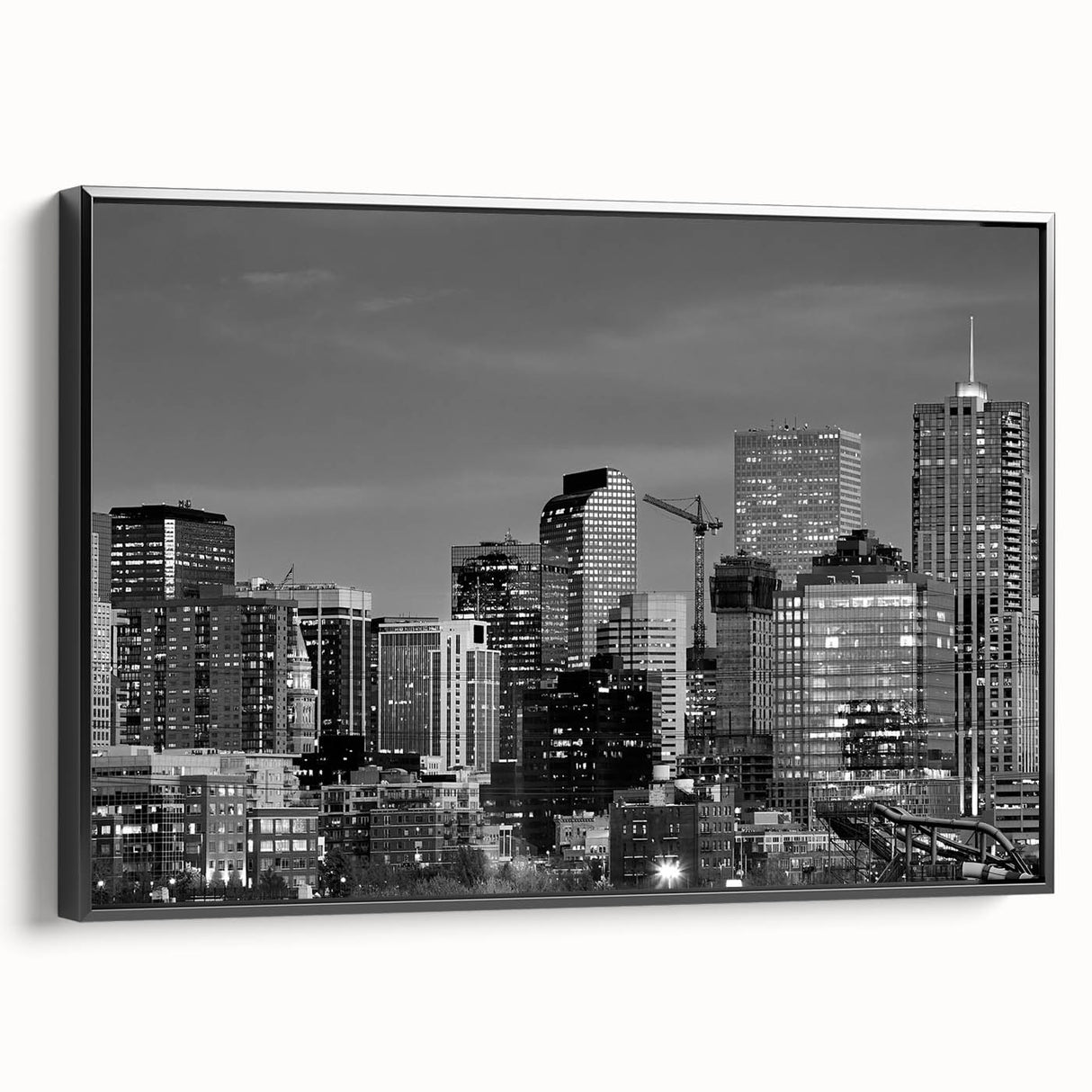 Black and white framed canvas of Denver landscape, ideal for bedroom wall art with a vintage poster style.