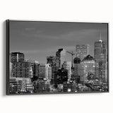 Black and white framed canvas of Denver landscape, ideal for bedroom wall art with a vintage poster style.
