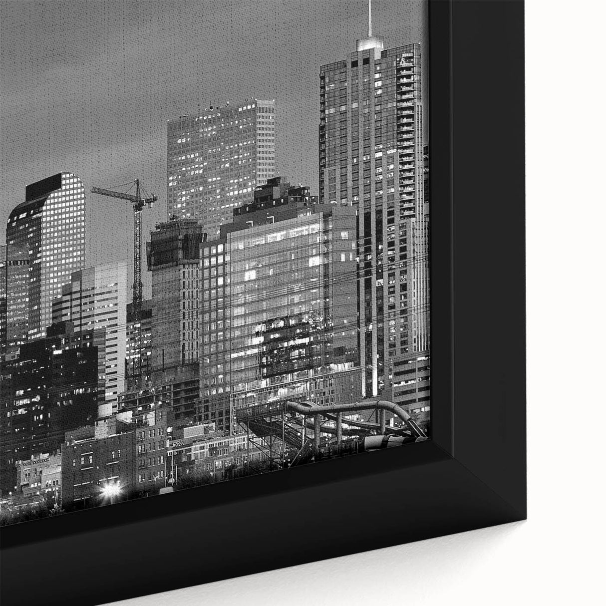 Black wall art featuring a textured, colorful Denver skyline on a framed canvas, ideal for living room decor.