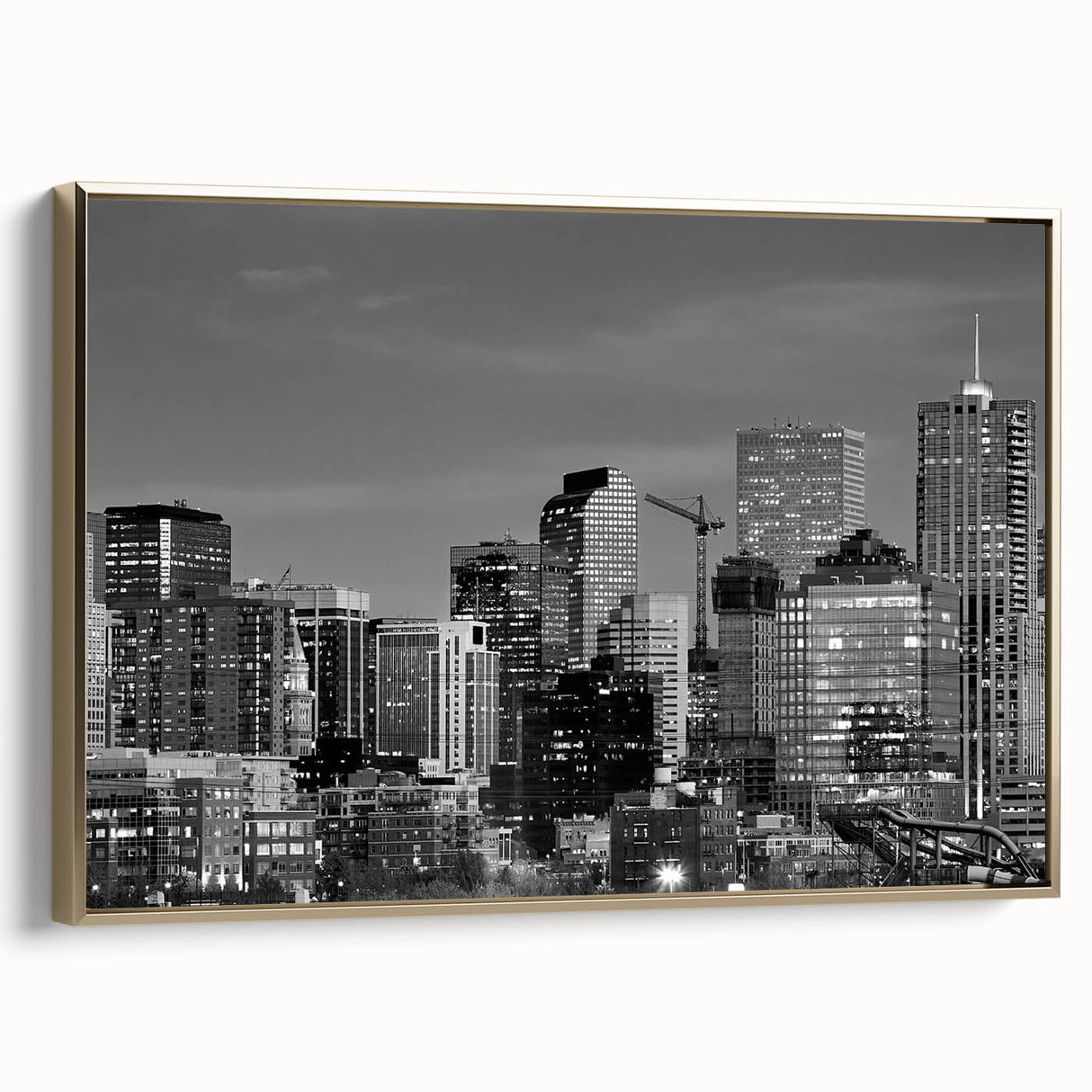 Framed canvas wall art depicting a vintage-style Denver landscape in muted gold and black tones, ideal for bedroom decor.