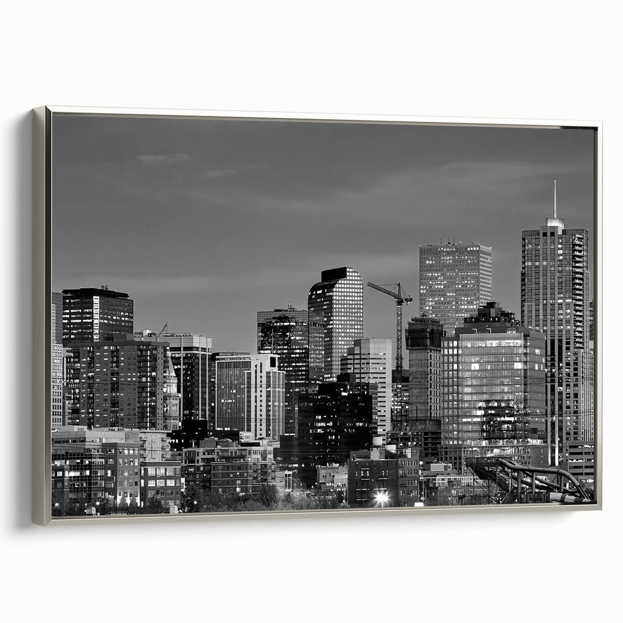 Framed canvas featuring a vintage-style landscape painting of Denver, Colorado in colorful hues, ideal for living room decor.