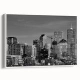 Vintage poster art of Denver skyline in vibrant colors on a large framed canvas, suitable for living room decor.