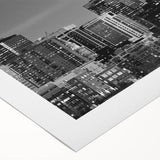 Art deco poster of Denver skyline in muted metallic tones on rolled canvas, ideal for dining room wall art.