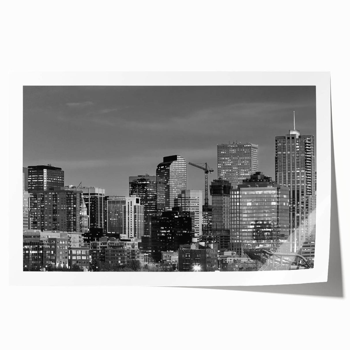 Extra large rolled print of Denver skyline with muted earth tones, ideal for art wall dining room.
