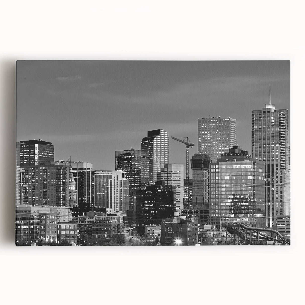 Black and white stretched canvas of the Denver skyline, ideal for kitchen wall art.