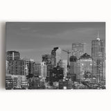 Black and white stretched canvas of the Denver skyline, ideal for kitchen wall art.