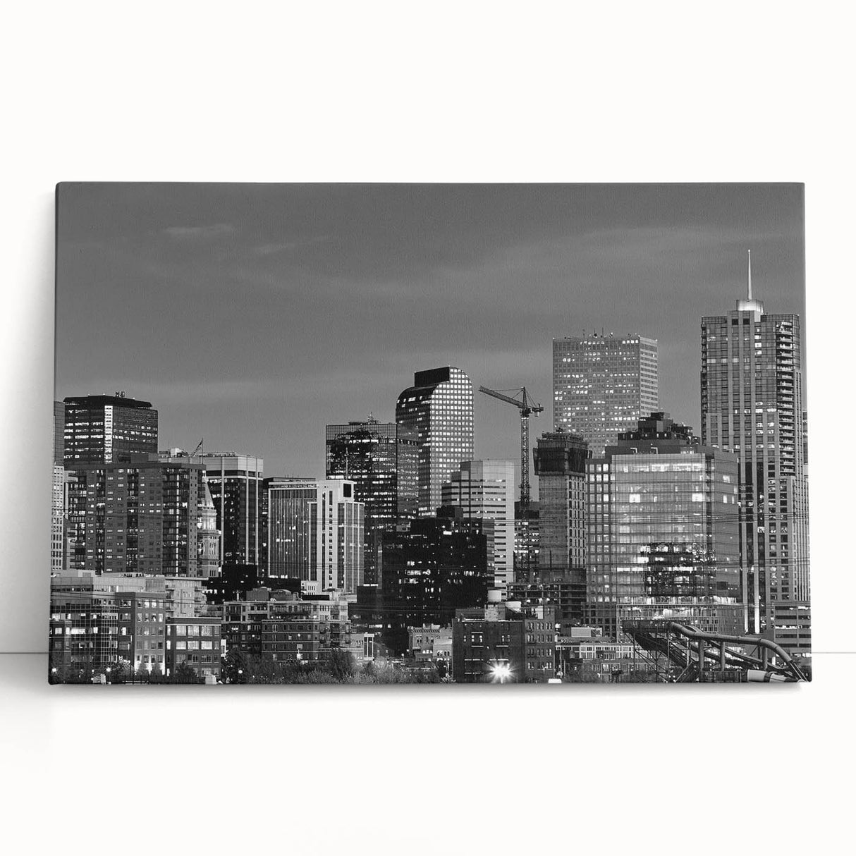 Black and white large art print of Denver skyline on stretched canvas, ideal for kitchen wall art.