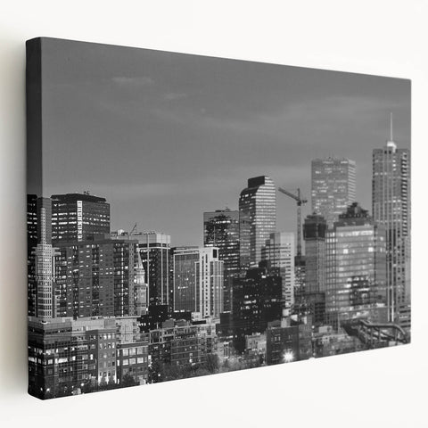 Denver skyline depicted in vibrant sunset colors on a large stretched canvas, suitable for kitchen wall art.